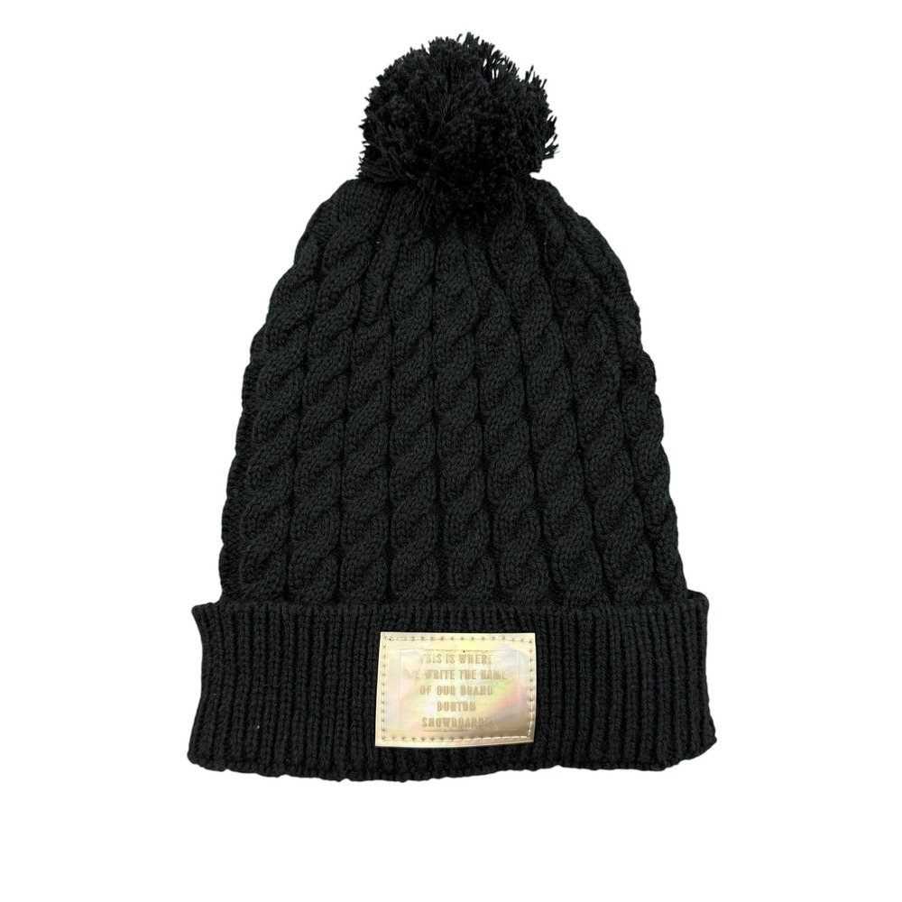 Burton Beanie Womens Black Chunky Cable Knit Pom Pom Logo Patch Hat Winter